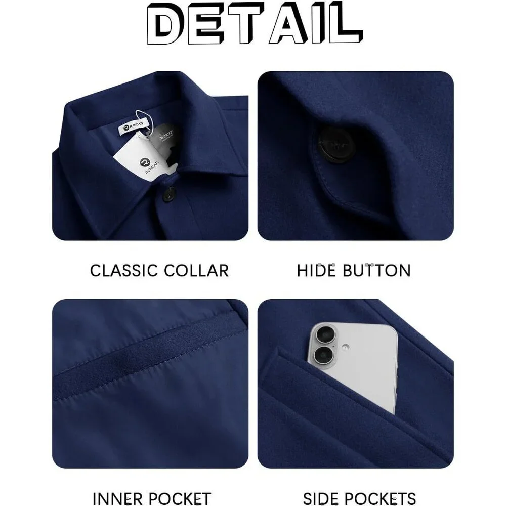 Men's Navy Blue Long Trench Coat Single Breasted Casual Winter Warm Pea Coat